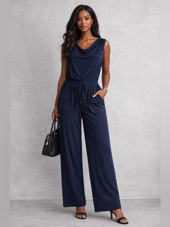 Vince Camuto Pants - Vince Camuto Navy Sleeveless Jumpsuit Cowl Neck Elastic Waist Wide Leg Pants L